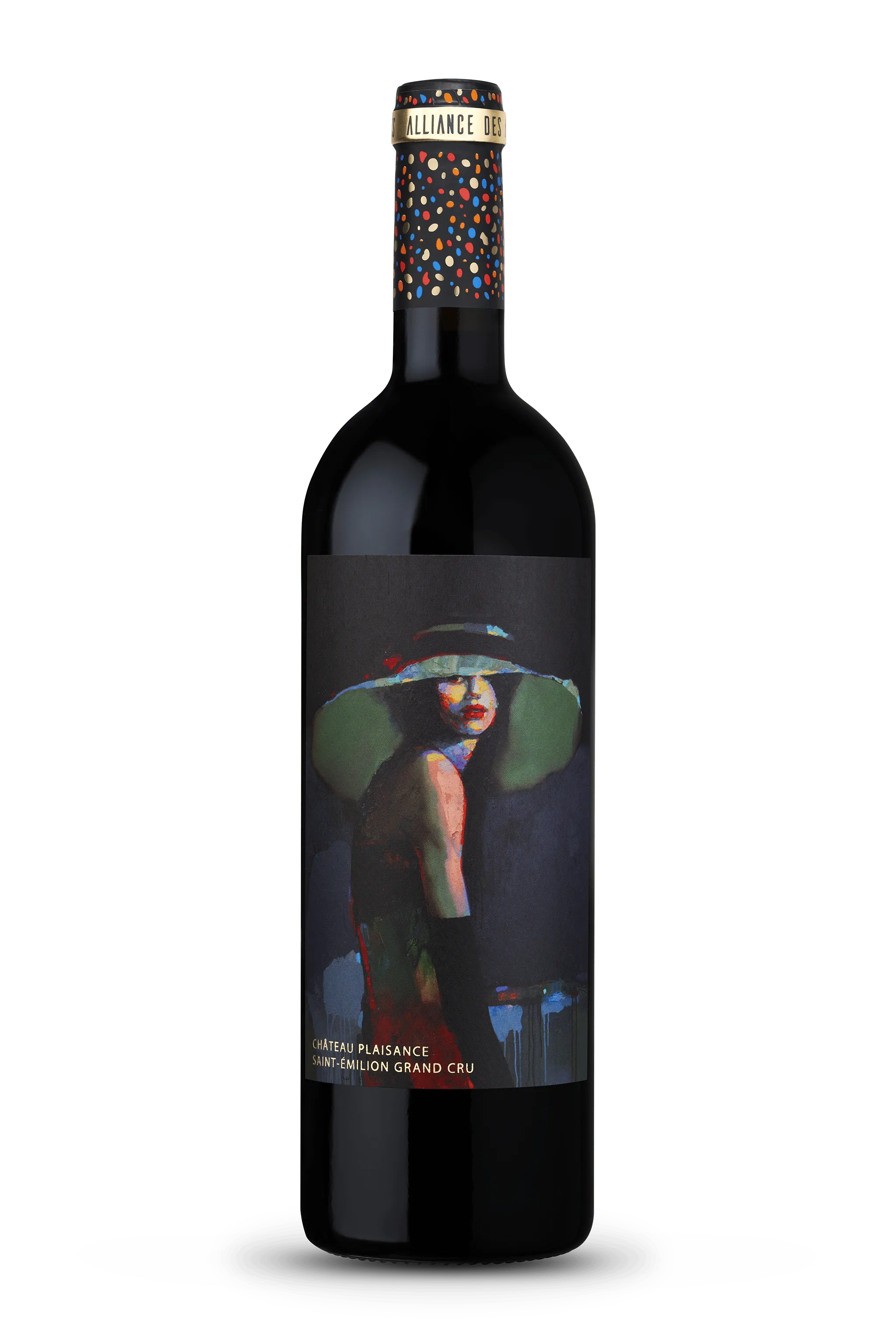 A photograph of a bottle of Alliance des Art award winning Saint-Émilion Grand Cru red wine by Château Plaisance (1 of 6).