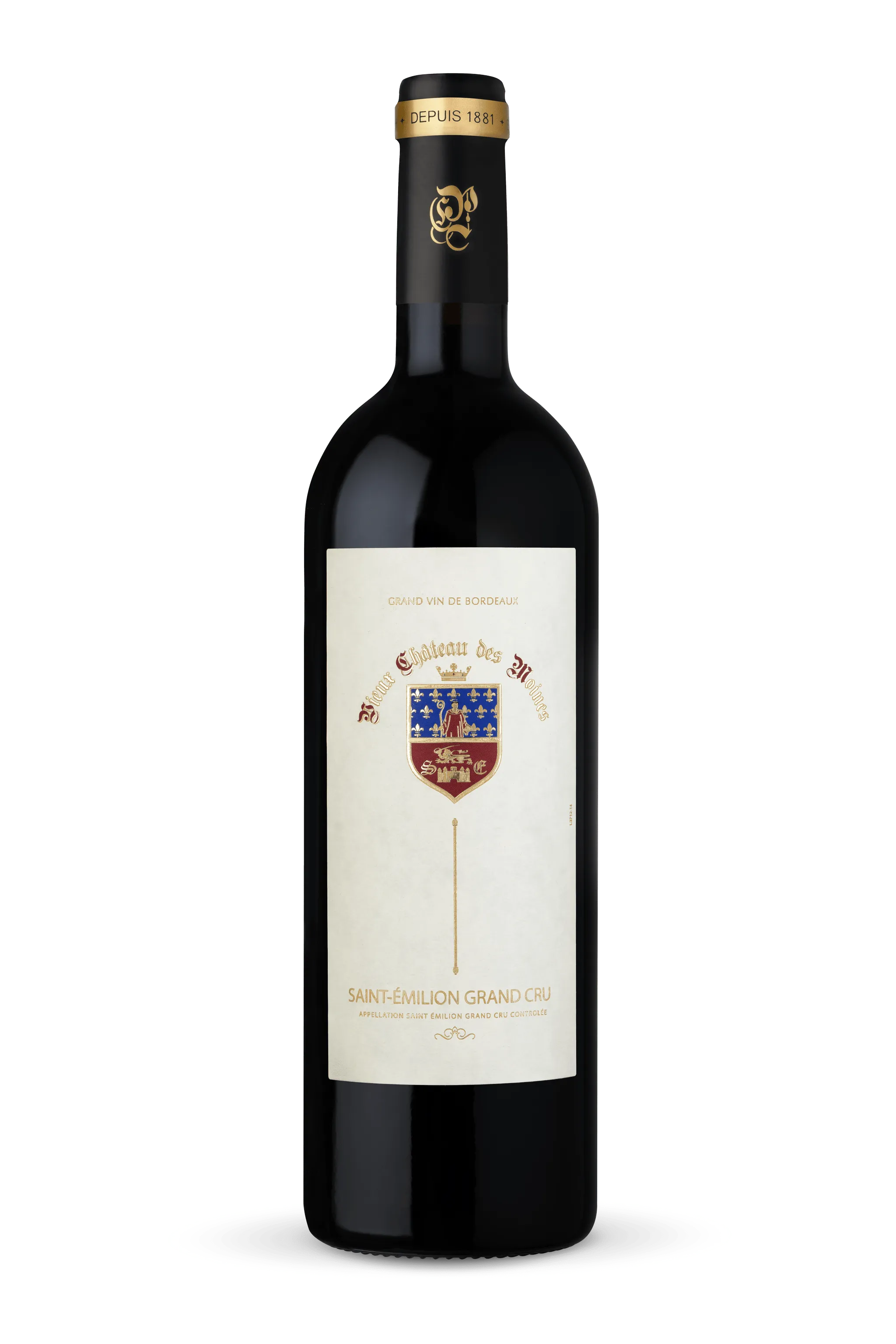 A photograph of a bottle of Vieux Château des Moines award winning Saint-Émilion Grand Cru red wine.