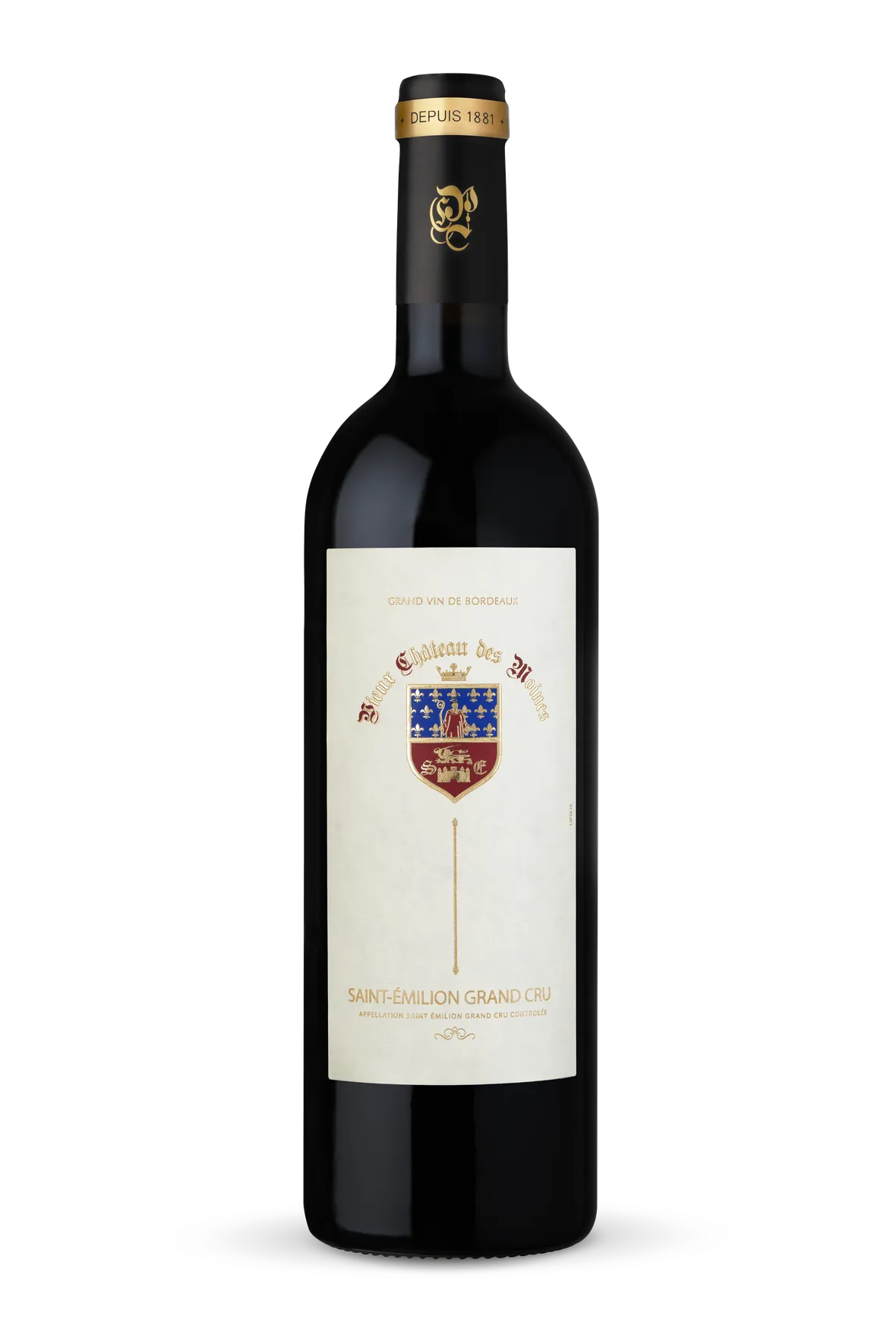 A photograph of a bottle of Vieux Château des Moines award winning Saint-Émilion Grand Cru red wine.