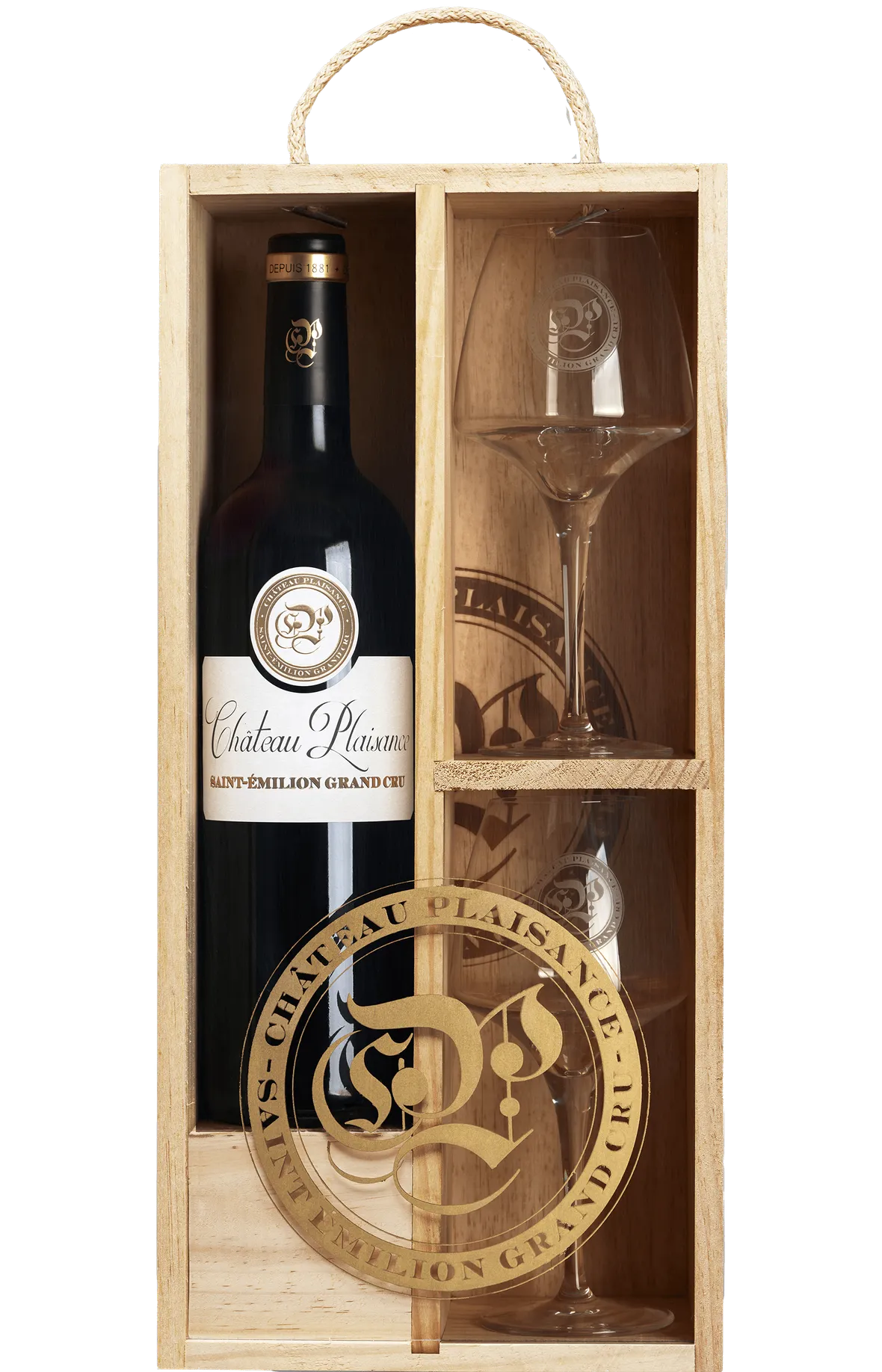 A photograph of the one bottle and two glasses special gift case made by Château Plaisance.