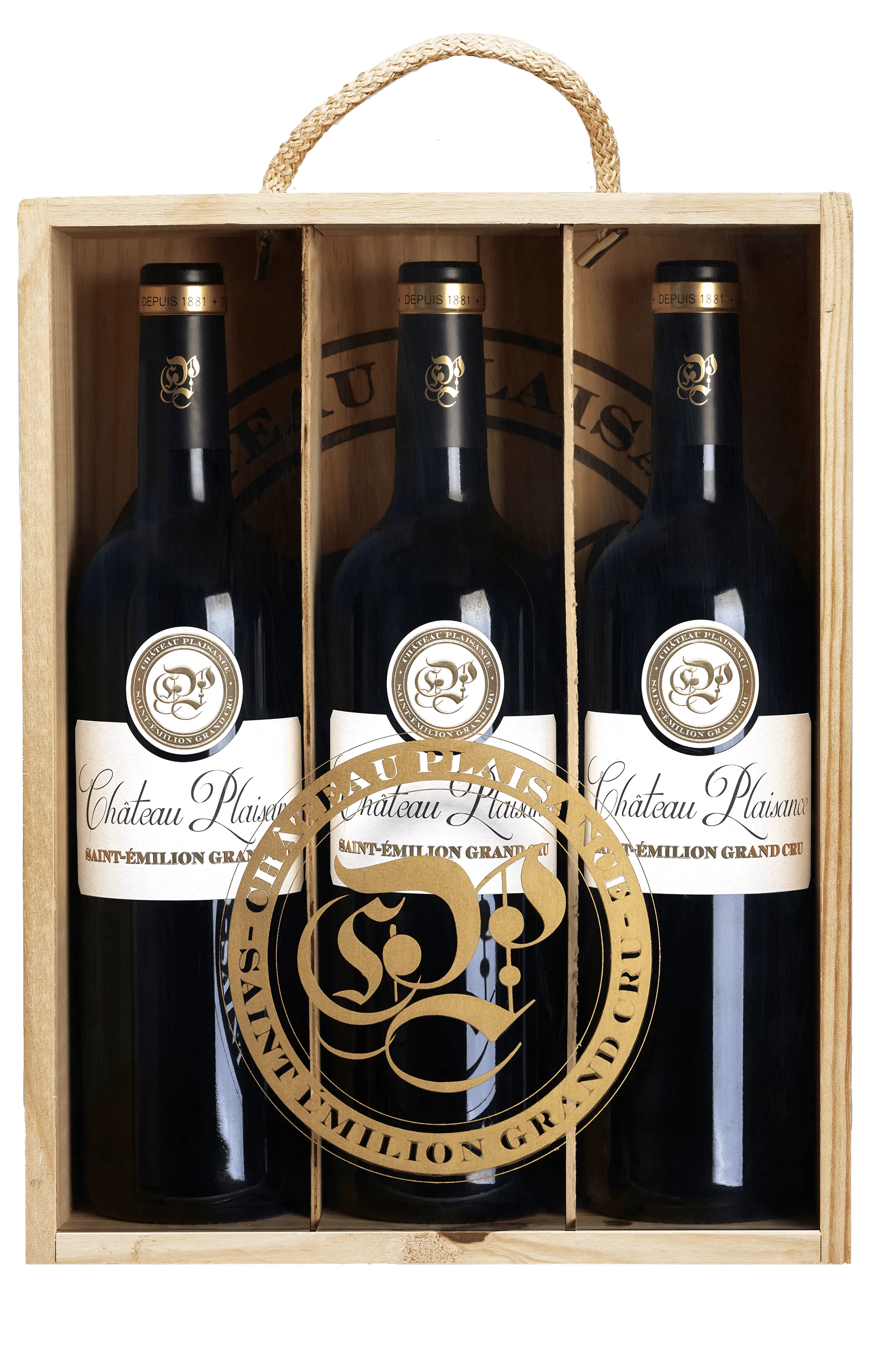 A photograph of the three bottle special gift case from Château Plaisance.