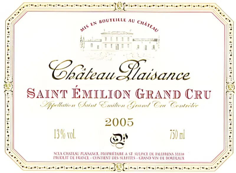 A wine label for Château Plaisance Saint-Émilion Grand Cru, 2005 vintage, with 13% alcohol content.