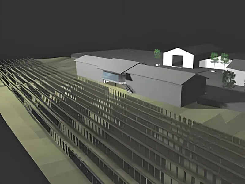 A 3D architectural rendering showing the planned expansion of a winery building with vineyard rows in the foreground and existing structures in the background.