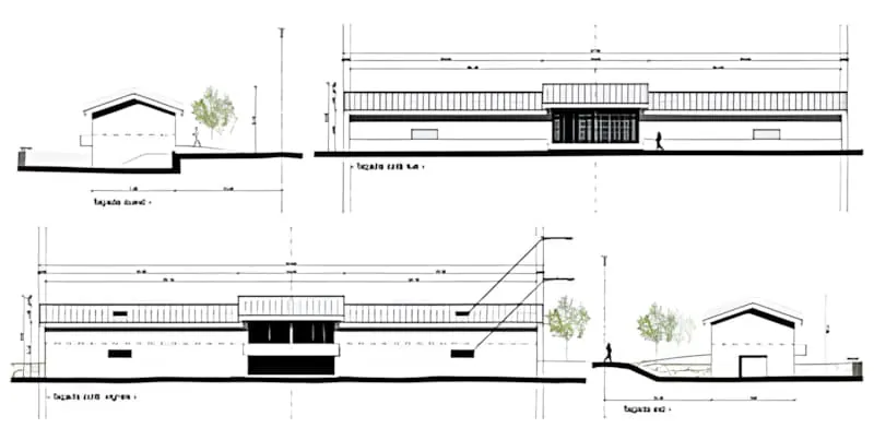 Detailed architectural blueprints showing elevation views and floor plans for a winery building expansion project.