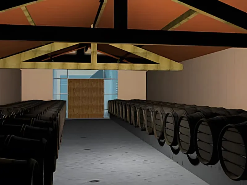 Interior 3D rendering of a wine barrel cellar with exposed wooden beam ceiling and rows of wine barrels along the walls.