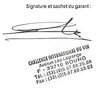 Close-up of a certificate signature and official Challenge International du Vin competition contact information.