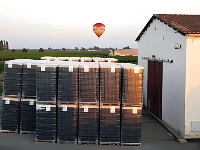 Stacks of wine bottles outside the winery at Château Plaisance with a colorful hot air balloon visible in the background sky.