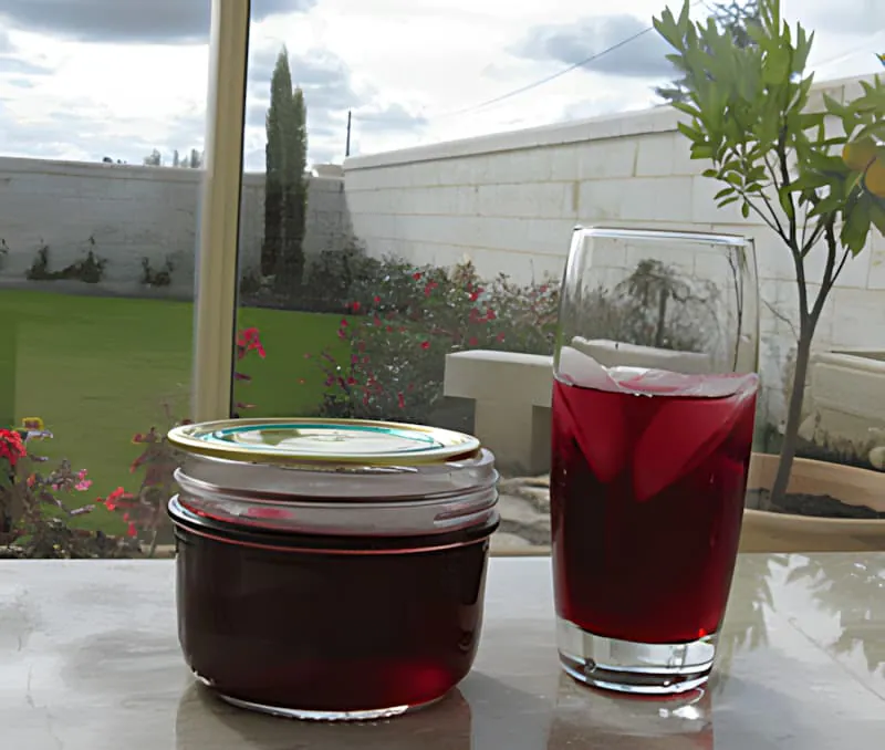 A jar of dark red grape jelly and a glass of ruby-colored grape juice on a table, with a garden and white wall visible in the background.