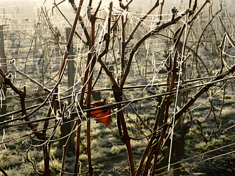 A close-up of frost-covered vine branches and foliage, with intricate ice crystals highlighting the delicate plant structures.