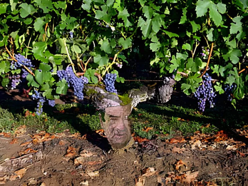 Another view of an ancient grapevine displaying its massive, gnarled trunk structure and abundant grape clusters, characteristic of very old vines.