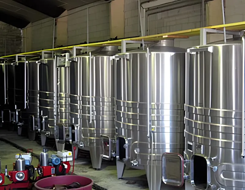 A row of large, temperature-controlled stainless steel fermentation tanks in a winery cellar, representing modern winemaking equipment.