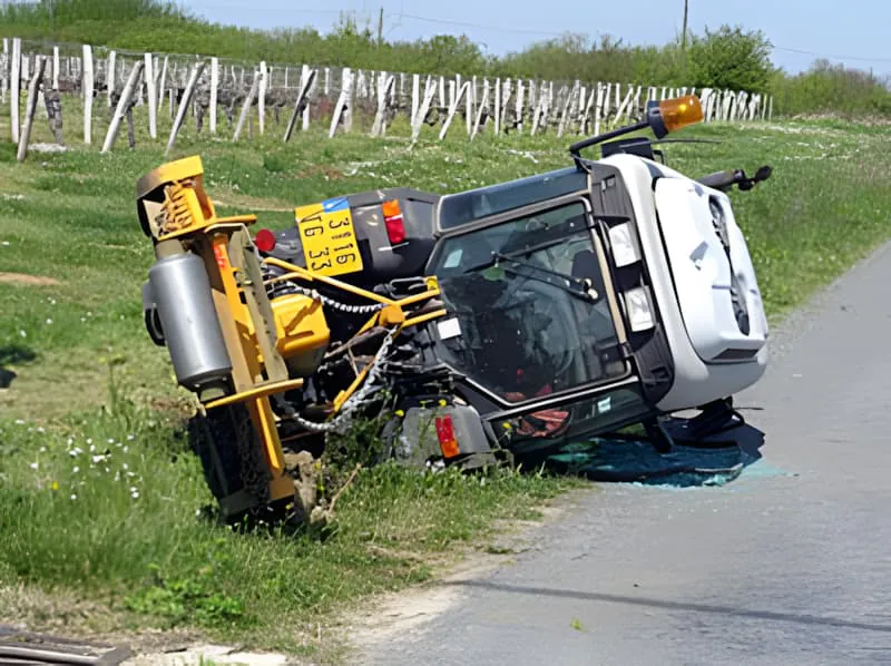 A small yellow tractor has crashed and is lying on its side in a grassy ditch next to a road.