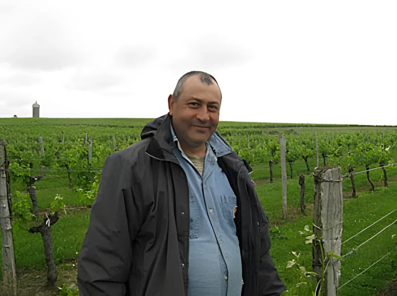 A man in
dark clothing standing in a vineyard with lush green vines surrounding him, representing the international workforce.
