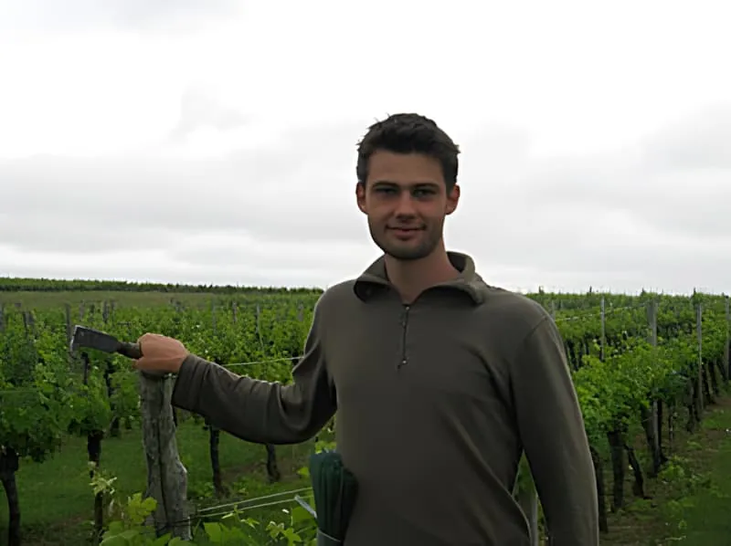 A young man in dark clothing holding a vineyard tool while standing among green grapevines, showing hands-on vineyard work.