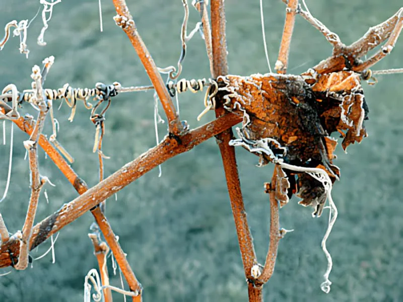 A close-up of a frost-covered grapevine leaf, with ice crystals on its surface.