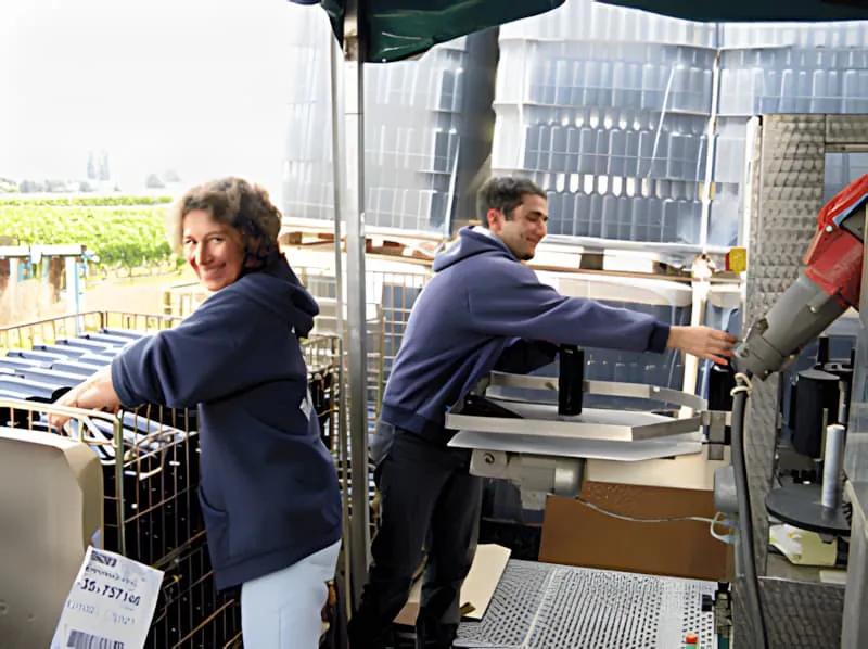 A vineyard worker, smiling, is loading empty wine bottles into metal cages on a conveyor belt at Château Plaisance.