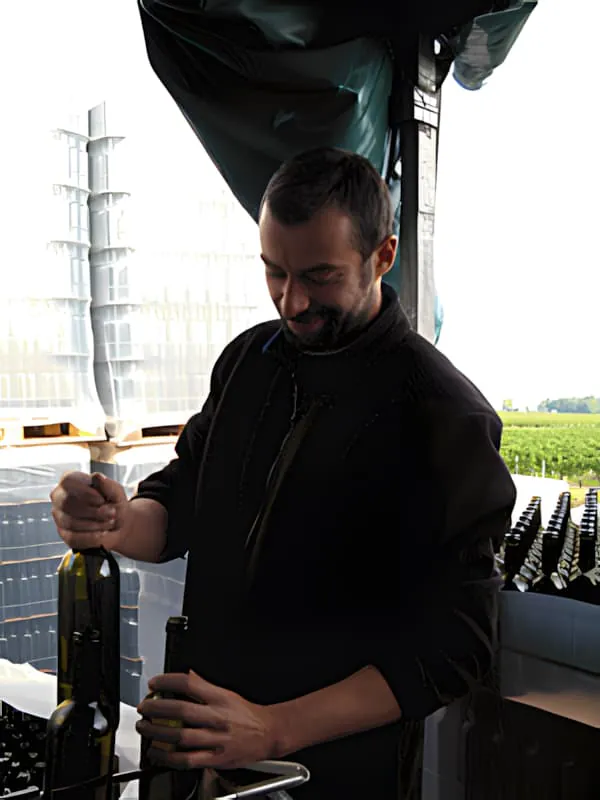 A vineyard worker, smiling, is loading empty wine bottles into metal cages on a conveyor belt at Château Plaisance.